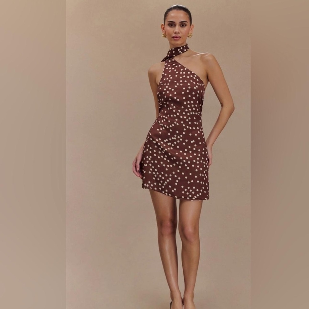 Meshki Brown One Shoulder Polka Dot Dress
